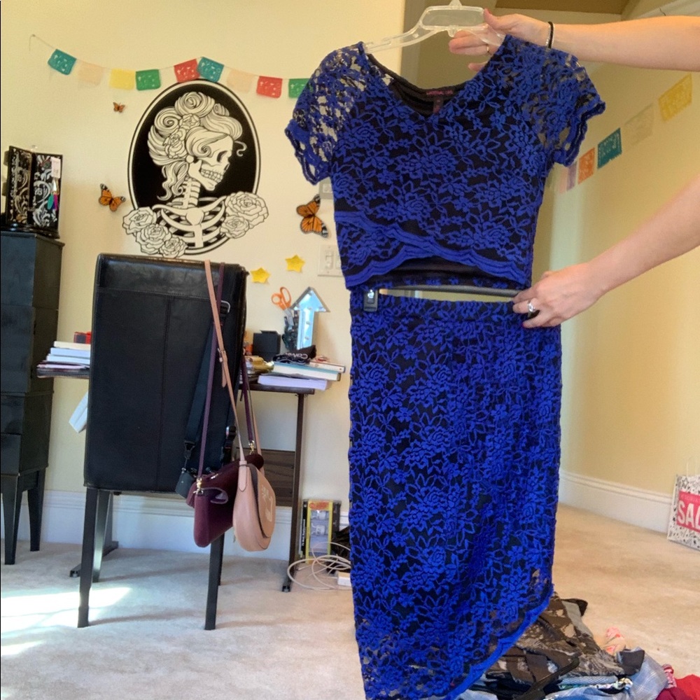 2pc set | Cobalt blue lace crop top + pencil skirt
